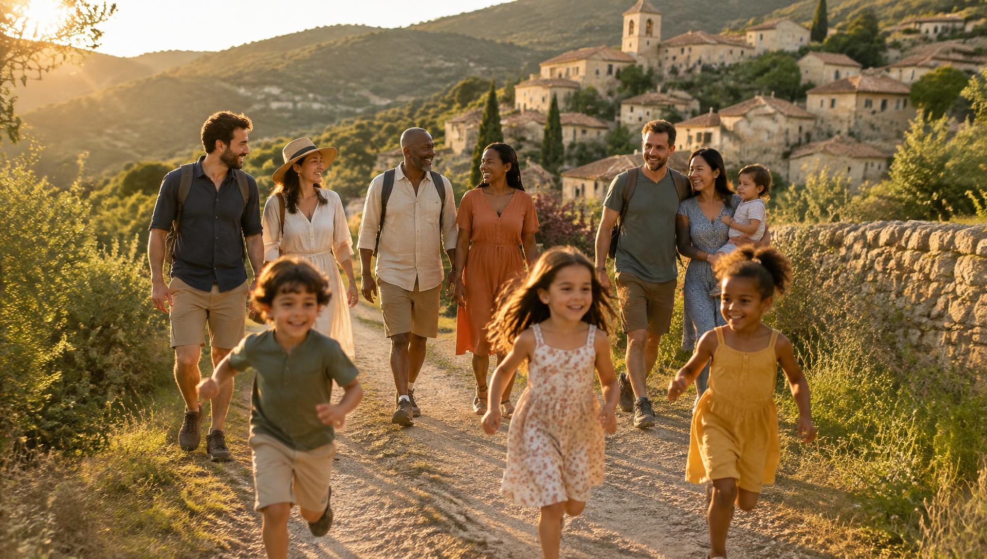 Families walking together on a path near a village at golden hour